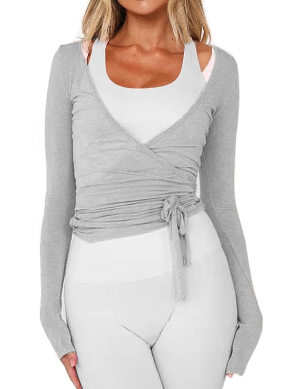 Women Wrap Tie Top Y2k Long SLeeve Ballet Workout Yoga Shirt Coquette Blouses